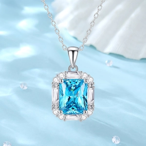 S925 silver necklace with rectangular sky blue gemstone pendant and zircon accents