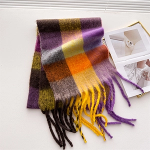 Close-up of thick rainbow plaid scarf with long tassels and lifestyle magazine prop