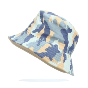 Close-up of camouflage bucket hat showing blue and grey pattern with durable stitched brim