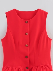 Slim fit red sleeveless vest jacket for women with brown buttons and peplum hem
