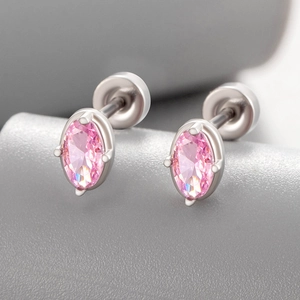 Elegant geometric oval pink zircon stud earrings in silver four-claw setting