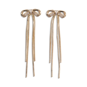18K gold plated bow earrings with sparkling cubic zirconia tassels and silver needles