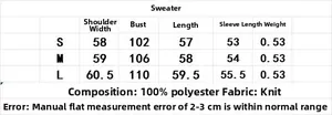 Size chart for V-neck knit cardigan sweater showing measurements in centimeters