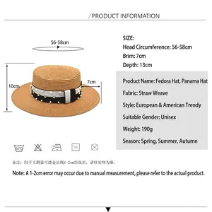 Women's summer straw sun hat with pearl ribbon and detailed size chart measurements