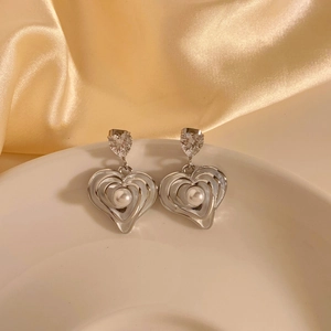 Elegant silver earrings with heart zircon and layered white enamel heart pendant