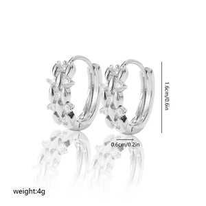 Detail view of silver hoop earrings with double rows of pavé set zircons and dimensions