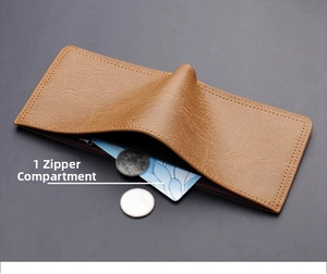 Close-up of brown bifold leather wallet featuring one internal zipper compartment for coins