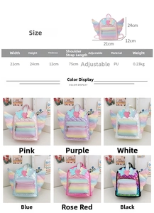 Size chart and color display for sequin unicorn wing backpack in pink, blue and purple