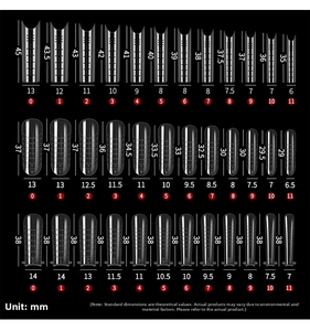 Detailed size guide showing dimensions for clear stiletto, round, and square nail dual forms