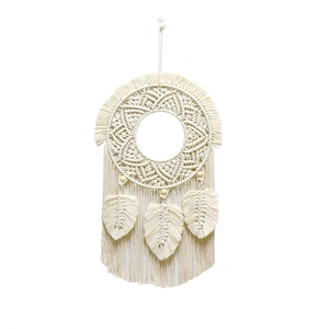 Handmade bohemian woven wall hanging with cotton tassels and wooden beads in cream white