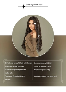 Detailed parameter chart for long straight black synthetic wig with breathable rose net