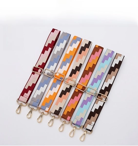 Close-up of adjustable colorful woven bag straps with gold metal hardware and wave patterns
