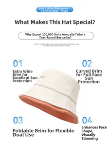 Dettaglio cappello da sole pieghevole beige e mattone con tesa larga per protezione viso