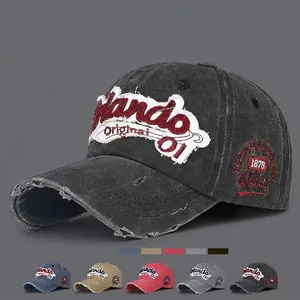 Vintage Washed Cotton Baseball Cap Distressed Letter Embroidery Patch Retro Streetwear Casual Curved Brim Hat