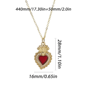 Detailed dimensions of gold heart pendant necklace with red zircon and crystal accents