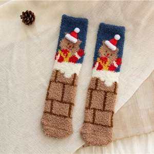Chaussettes de Noël en polaire corail marron et bleu marine avec motif ours