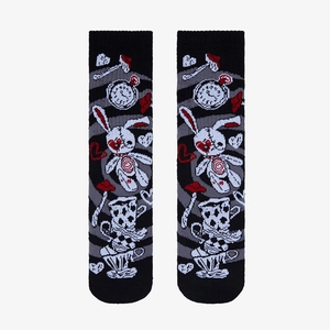 Gothic skull crew socks featuring Alice in Wonderland motifs on white background