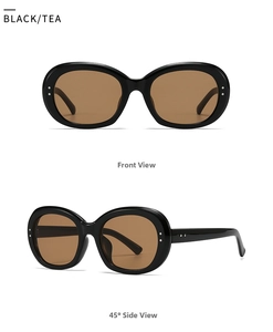 Front and side views of oval sunglasses with black frames and translucent tea lenses