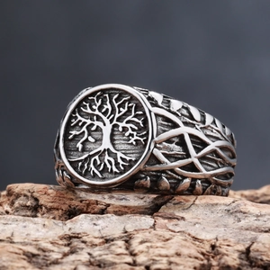 Vintage stainless steel Tree of Life ring with Celtic branch texture on tree bark