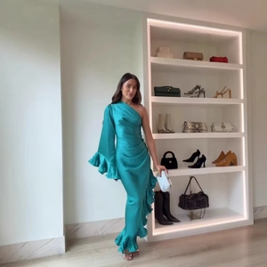 Elegant one-shoulder satin pleated maxi dress in teal with ruffle detail for formal evening