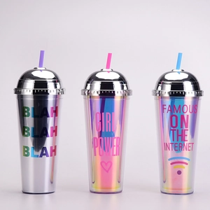 Three holographic 24oz straw cups with silver dome lids and various graphic designs