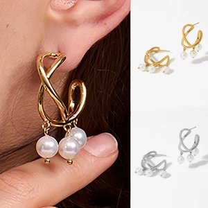 Orecchini In Acciaio Inossidabile Design Torsione Incrociata Irregolare Con Künstliche Perle Bianche Gioielli Eleganti