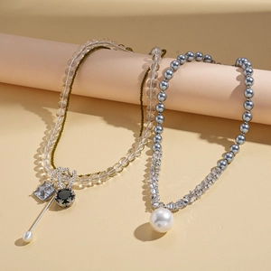 Elegant sweater necklaces with geometric zircons, glass beads and pearls for women