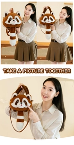 Three views showing a plush raccoon handbag with striped tail and detachable shoulder strap