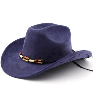 Detail of dark blue suede cowboy hat with colorful ethnic beaded band and curved brim