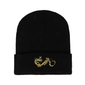 Winter black knit beanie featuring a golden dragon embroidery on the folded cuff