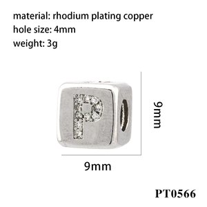Detail of square letter P bead in rhodium-plated copper with white zircon inlay
