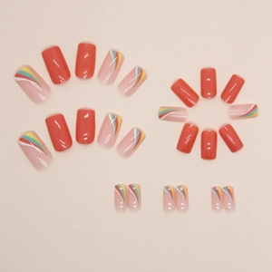 Short square press-on nails set featuring coral orange and rainbow stripe patterns