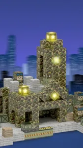 Detail of military camouflage building blocks with glowing LED lights and soldier figures