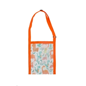 Orange kids mesh beach bag with colorful cartoon dinosaur prints and adjustable strap