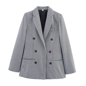 Klassischer schwarz-weißer zweireihiger Blazer mit Hahnentrittmuster für Damen