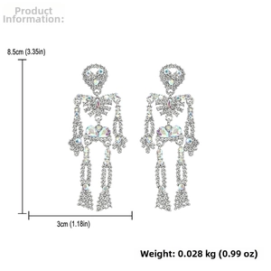 Detailed dimensions of rhinestone skull drop earrings featuring 8.5cm height and silver finish