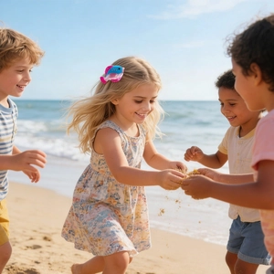 Pink and blue fish-shaped hair clips worn by a girl playing on a sunny beach