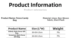 Detailed size chart for Christmas candy bags showing materials and product dimensions