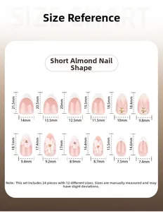 Detailed size chart for short almond press-on nails with 3D floral and pearl design