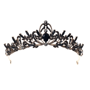 Elegant bronze bridal crown with dark grey crystals and black gems on white background