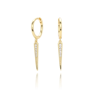 Close-up of gold plated huggie earrings with stone-studded spike pendants on white background
