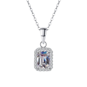 Radiant emerald cut moissanite pendant necklace in 925 sterling silver with halo