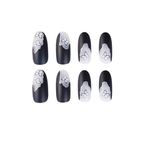 Black and white baroque butterfly press-on nails in elegant almond shape for DIY manicure