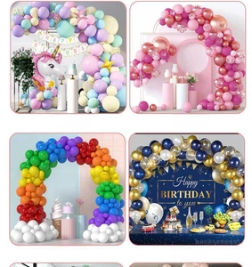 Detail view of four themed birthday balloon arch kits including macaron and blue-gold sets