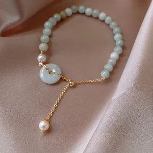 Beaded Bracelet With Light Green Jade Like Beads Artificial Pearl And Ping An Buckle Pendant Adjustable Gold Copper Chain Elegant