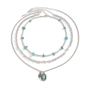 Three-layer bohemian silver necklace set with turquoise beads and cactus pendant
