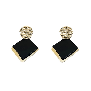 Elegant geometric rhombus drop earrings with gold weave and black square sequins