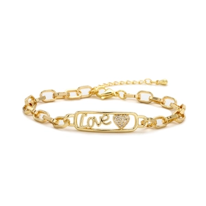 Hip hop gold bracelet with Love engraving and zircon heart on chunky link chain
