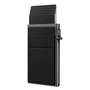 Slim aluminum RFID blocking card holder with automatic pop-up mechanism in dark grey