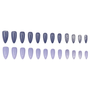 Glittery dark and light purple almond press-on nails set with glossy finish on white grid